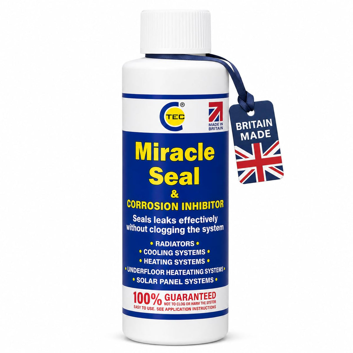 Leak sealant bottle front view with white cap, Miracle Seal & corrosion inhibitor text