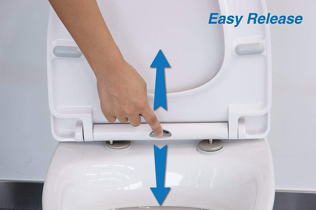 Toilet seat with hand pressing the one-button release mechanism