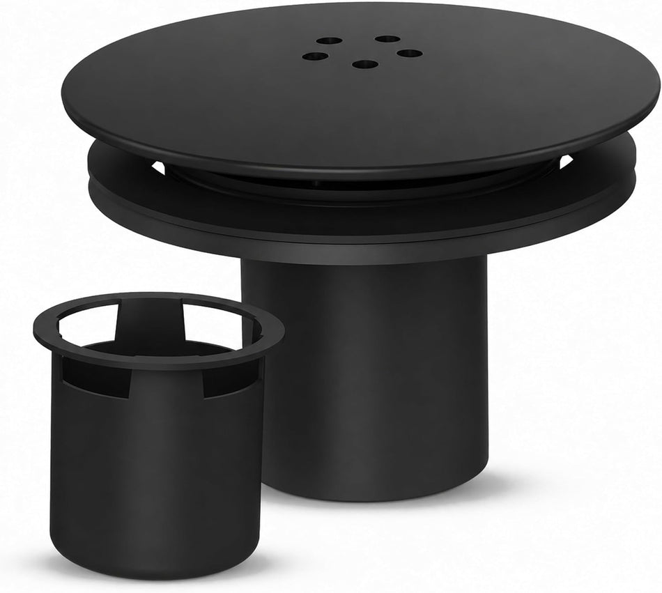 Matt black shower waste trap with round top cover and matching outlet cup, 90mm style