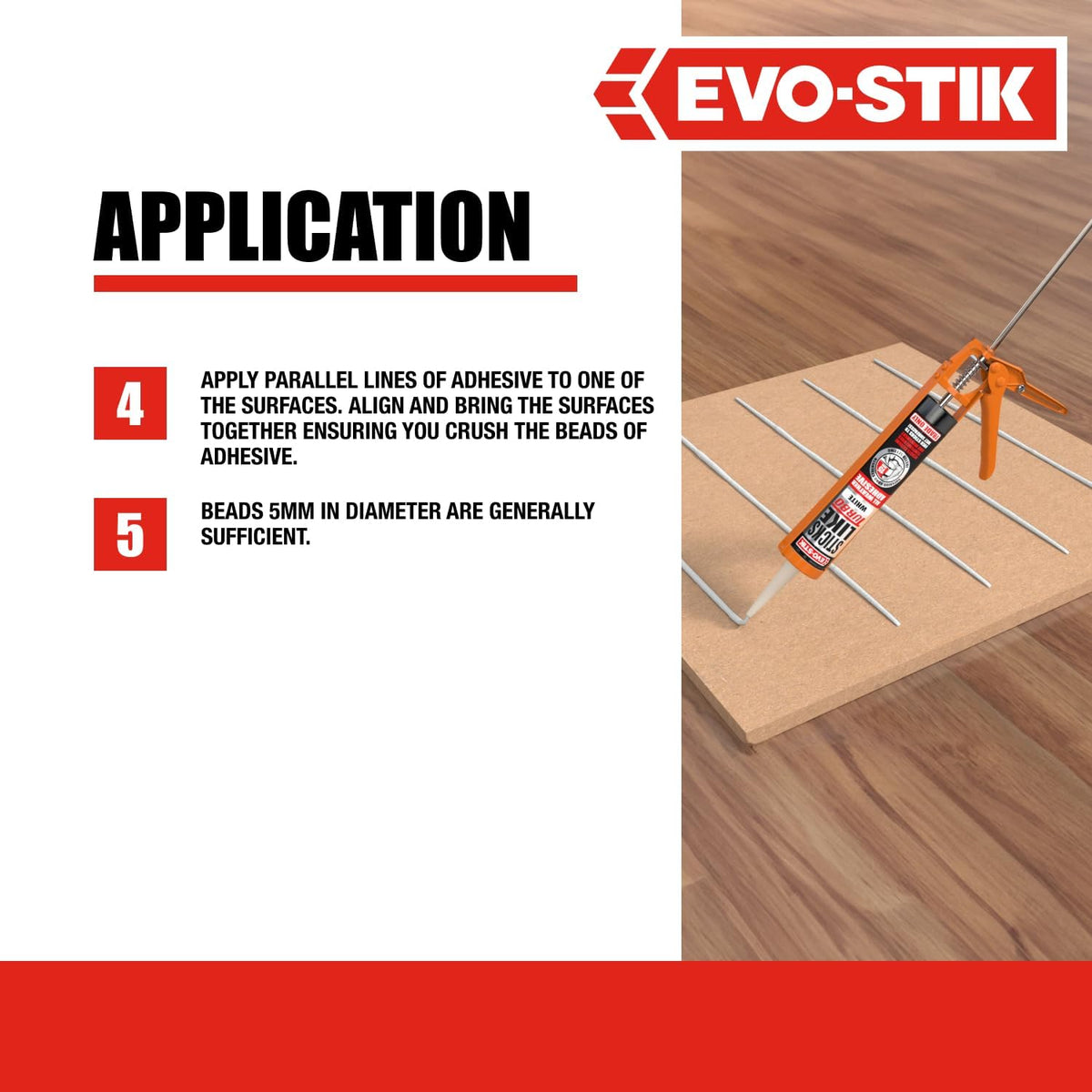 All-weather adhesive cartridge applied with caulking gun on wood panels