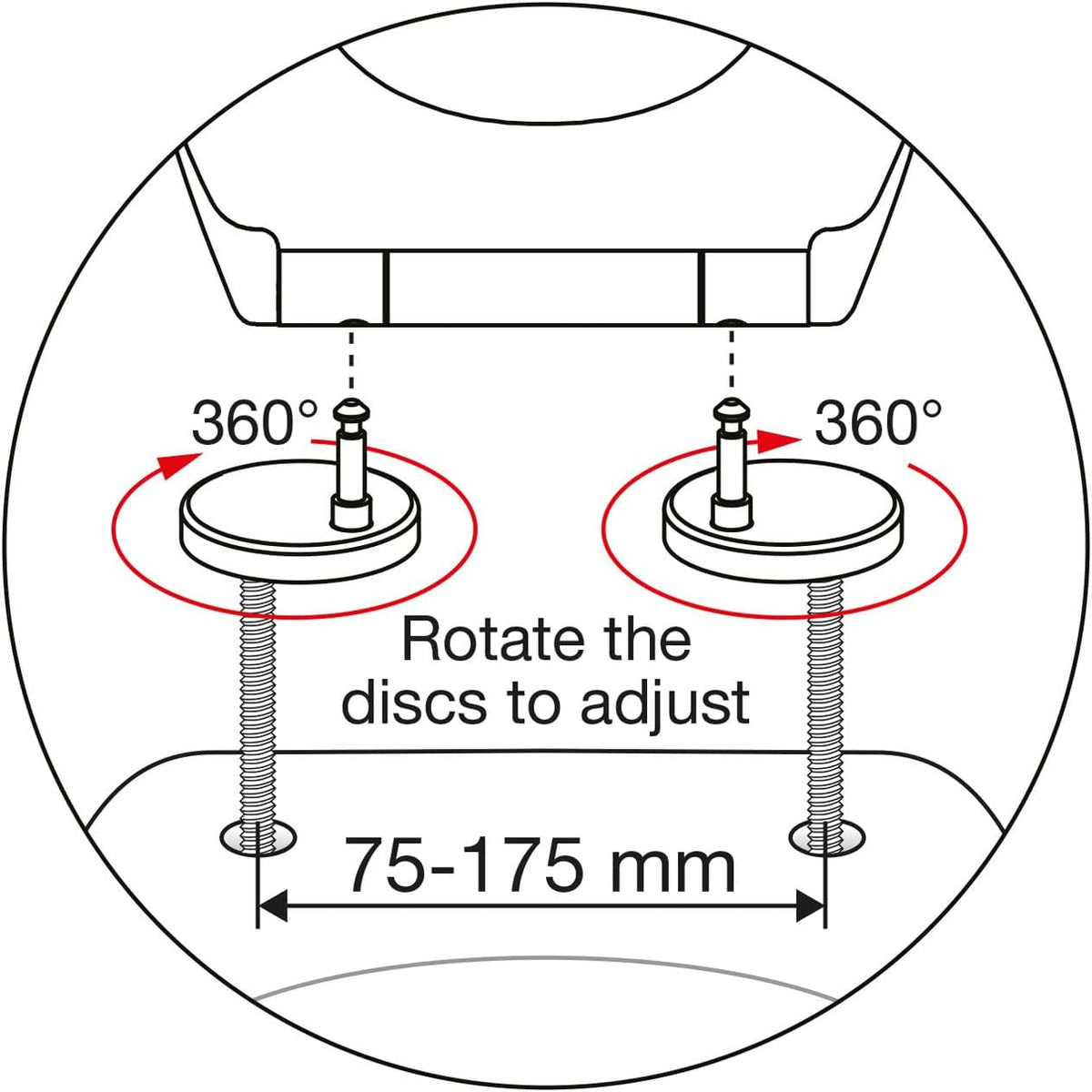 Adjustable toilet seat mounting discs, rotate 360° and fit 75–175 mm