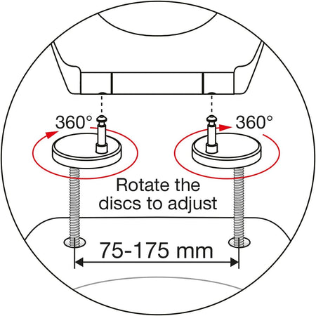 Adjustable toilet seat mounting discs, rotate 360° and fit 75–175 mm