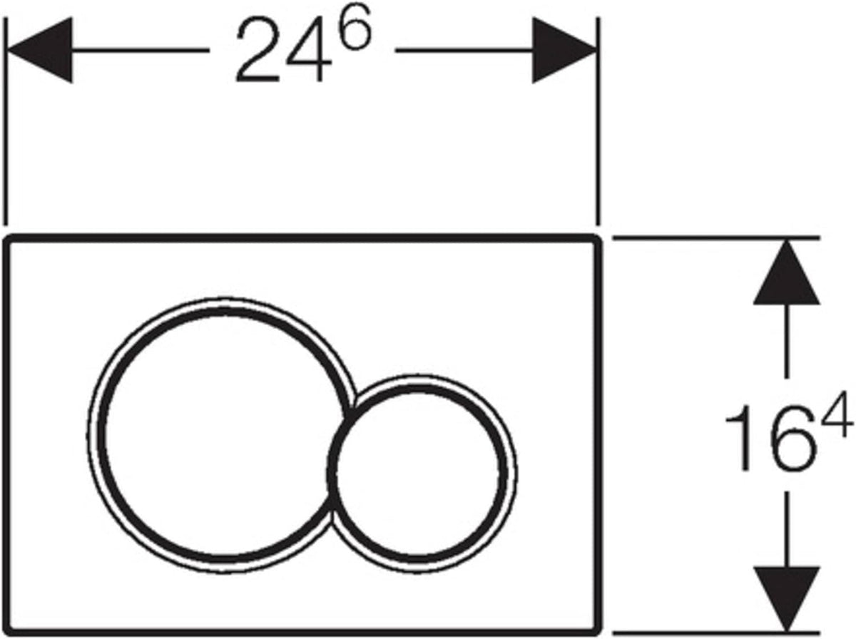 Dual flush actuation plate line drawing with two round buttons and dimensions