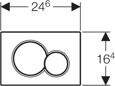 Dual flush actuation plate line drawing with two round buttons and dimensions