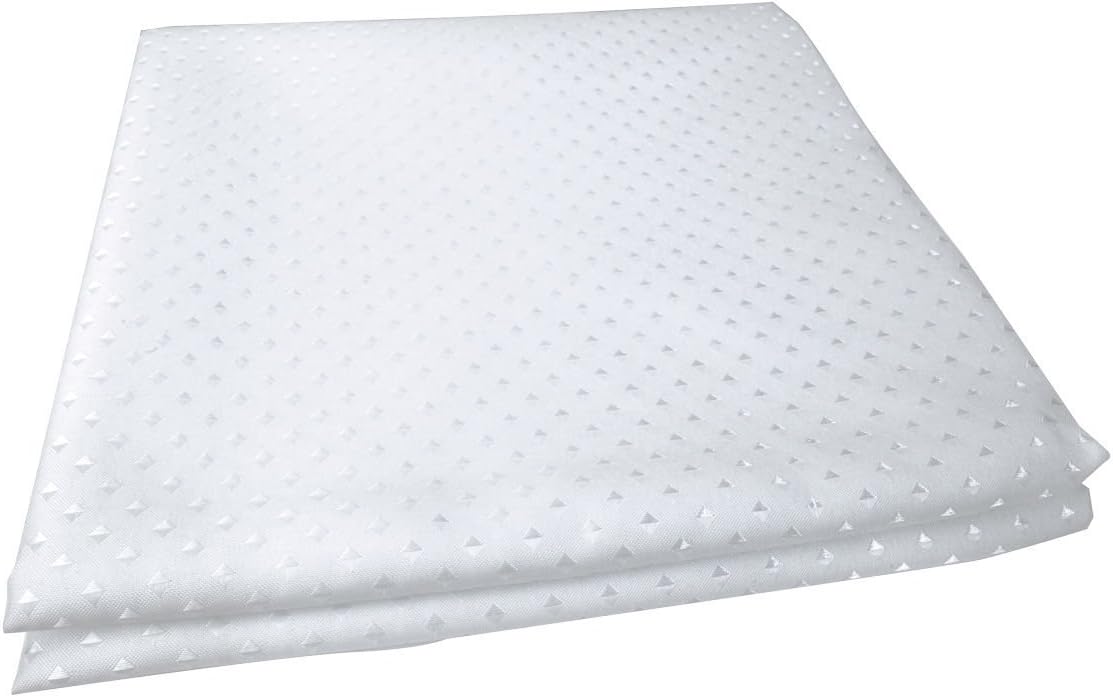 White diamond-textured fabric shower curtain, folded with straight hem