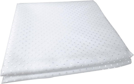 White diamond-textured fabric shower curtain, folded with straight hem