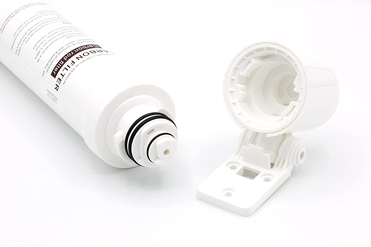 Carbon filter cartridge with exposed end and white mounting base housing