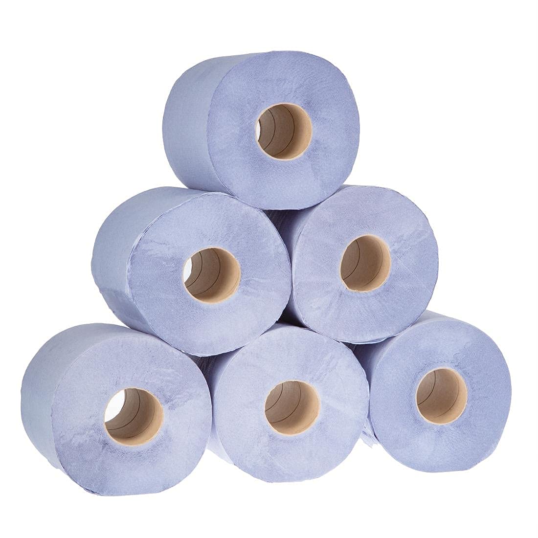 Pack of blue roll paper towels on a round core, multiple rolls shown
