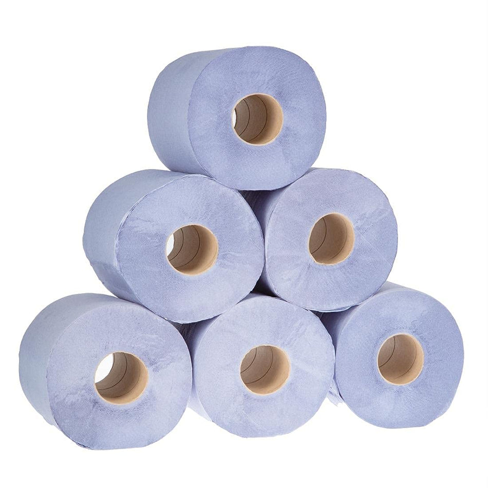 Pack of blue roll paper towels on a round core, multiple rolls shown