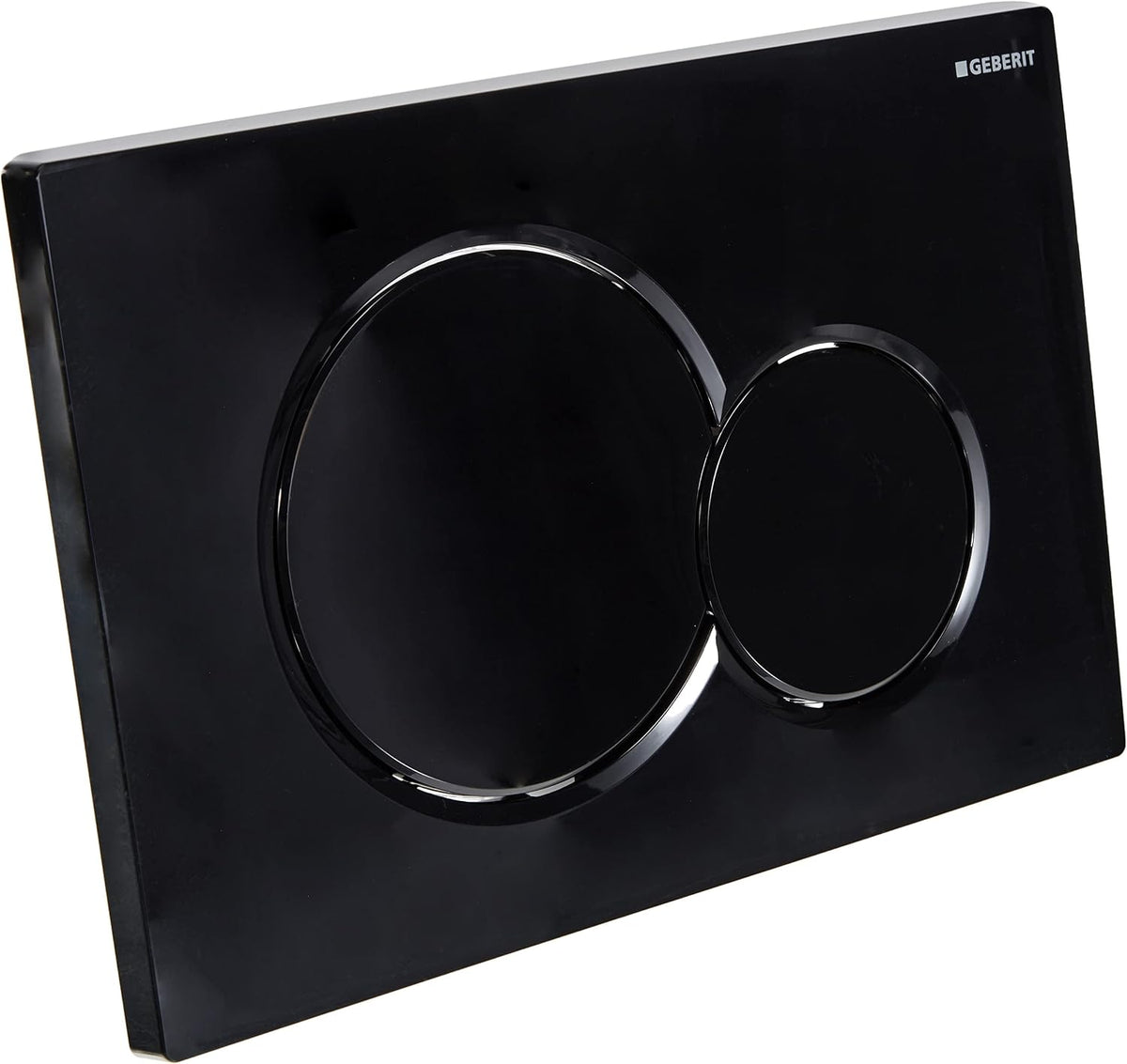 Black flush plate with two circular push buttons and glossy finish, Geberit logo