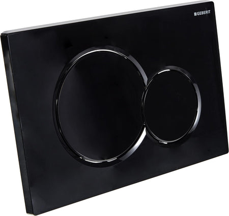 Black flush plate with two circular push buttons and glossy finish, Geberit logo