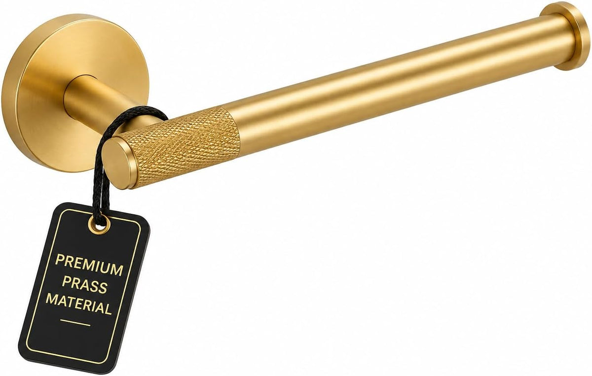Brushed brass wall-mounted toilet paper holder with textured grip roller