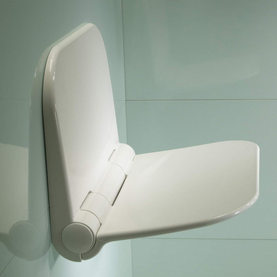 Wall-mounted fold-away shower seat with contoured light-grey plastic cover
