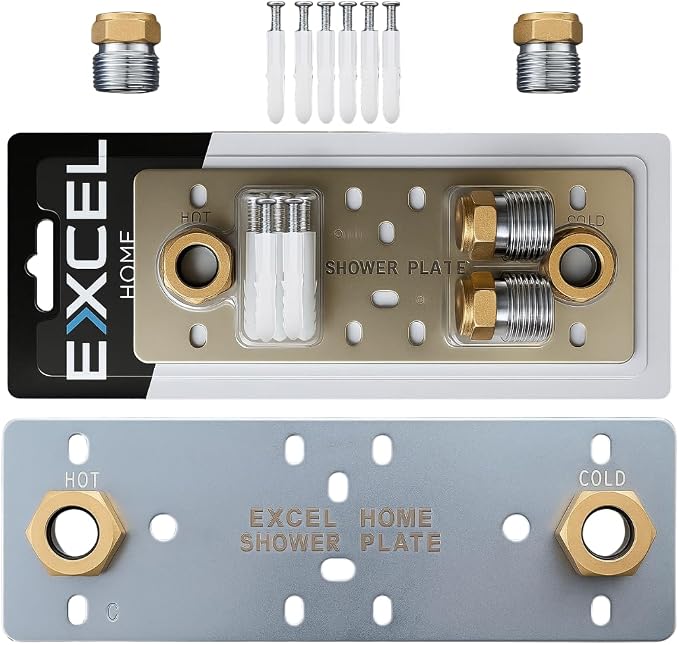 Shower fixing plate system with metal plate, brass connectors, and white mounting sleeves