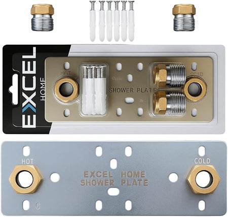 Shower fixing plate system with metal plate, brass connectors, and white mounting sleeves