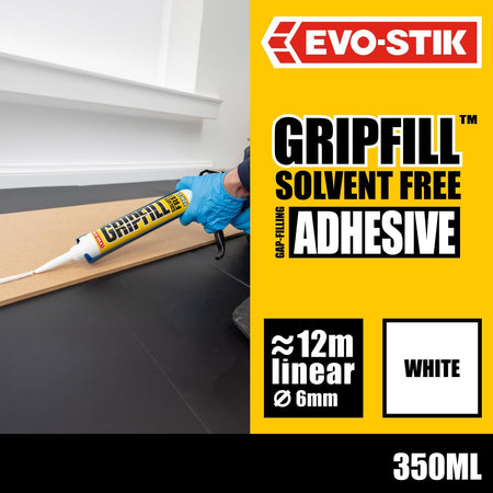 EVO-STIK GRIPFILL white adhesive squeeze tube applying a bead along board