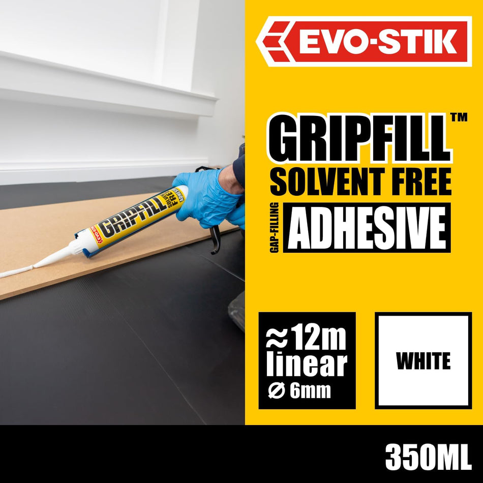 EVO-STIK GRIPFILL white adhesive squeeze tube applying a bead along board
