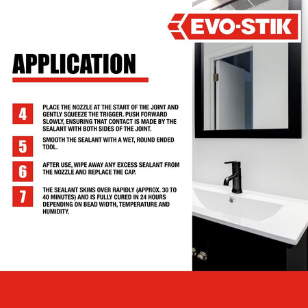 Clear all-purpose silicone sealant application diagram near sink and window frame
