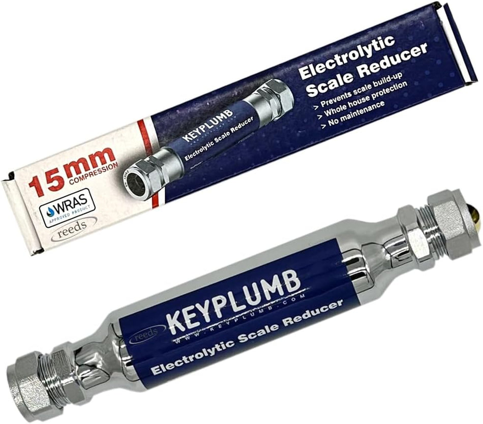 KeyPlumb 15mm electrolytic scale reducer compression fitting, includes box and yellow ring