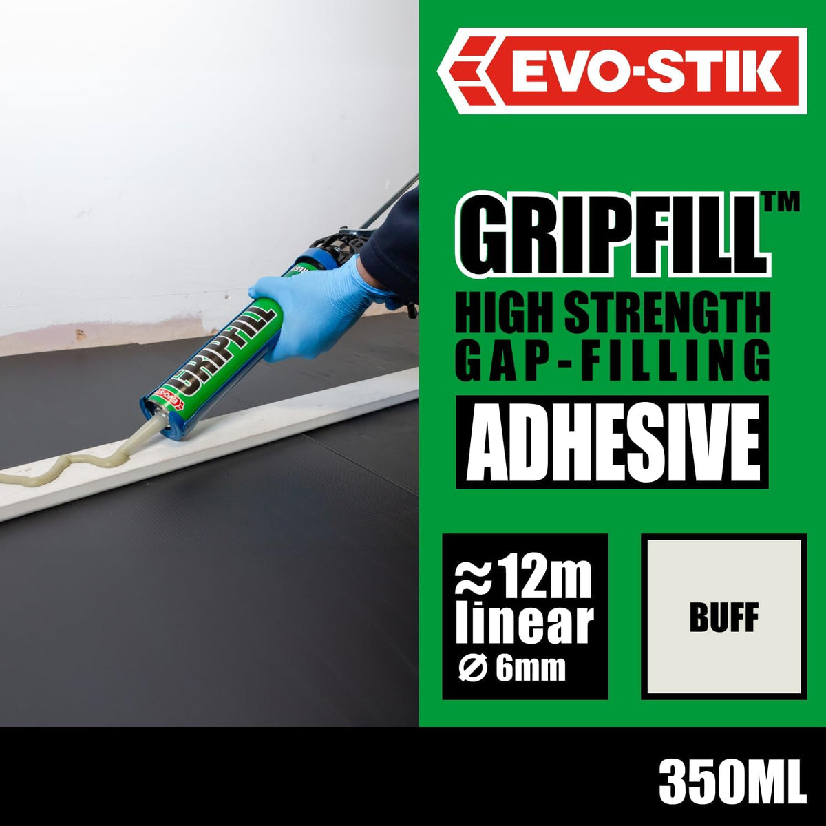 EVO-STIK Gripfill gap-filling adhesive tube in use, buff, 350ml