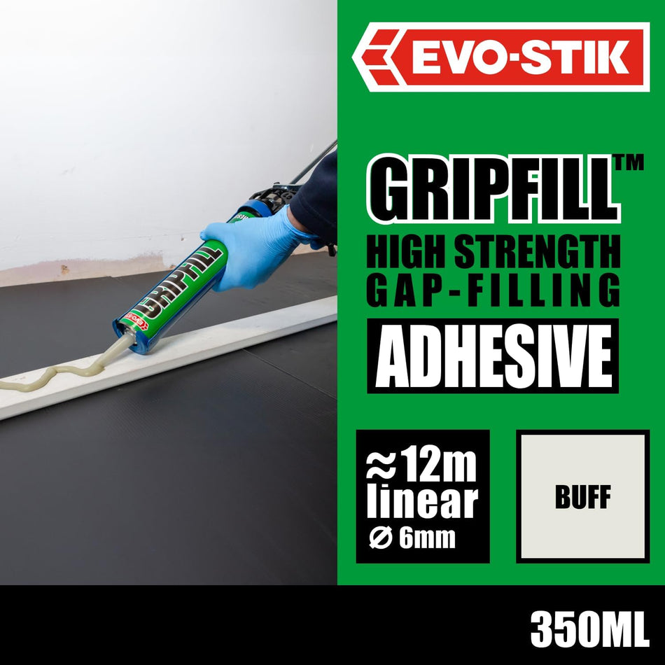 EVO-STIK Gripfill gap-filling adhesive tube in use, buff, 350ml