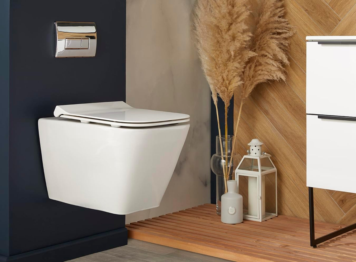 Wall-mounted chrome rectangular dual flush plate near a white toilet