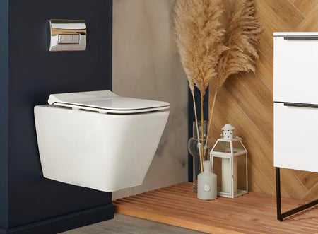 Wall-mounted chrome rectangular dual flush plate near a white toilet