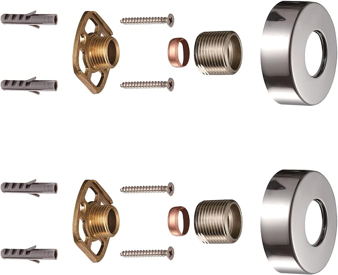 Wall-mounted shower valve fixing bracket kit with chrome shroud, brass flange, screws, and threaded sleeves