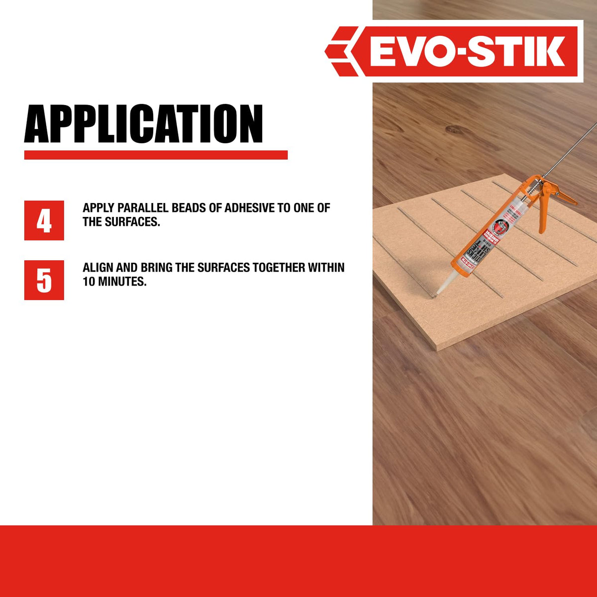 EVO-STIK clear adhesive application diagram with cartridge dispensing beads on wood