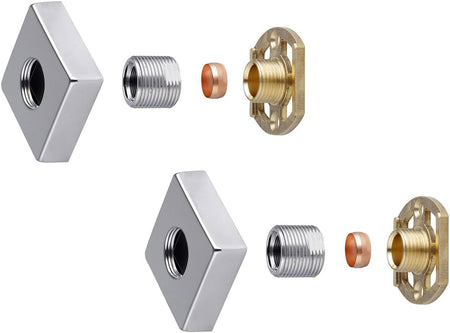 Square thermostatic shower mixer valve fitting kit with square plate, brass and threaded parts