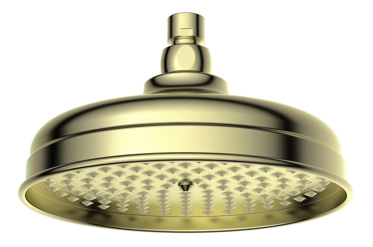 Barwick round traditional showerhead in brushed brass, with a wide domed head and patterned spray plate