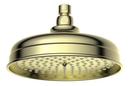Barwick round traditional showerhead in brushed brass, with a wide domed head and patterned spray plate