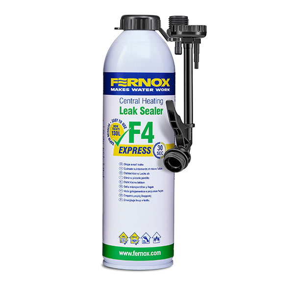 Fernox F4 Express leak sealer bottle with central heating connector