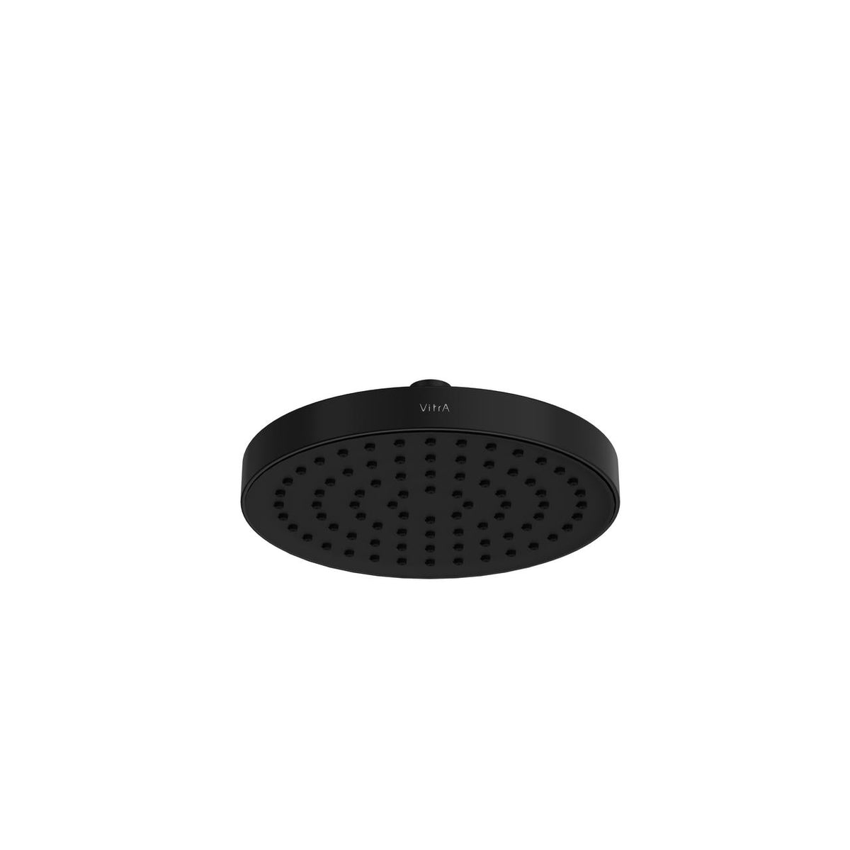 VitrA Aqua Core round matte black showerhead, 200 x 200 mm, with multiple spray nozzles.