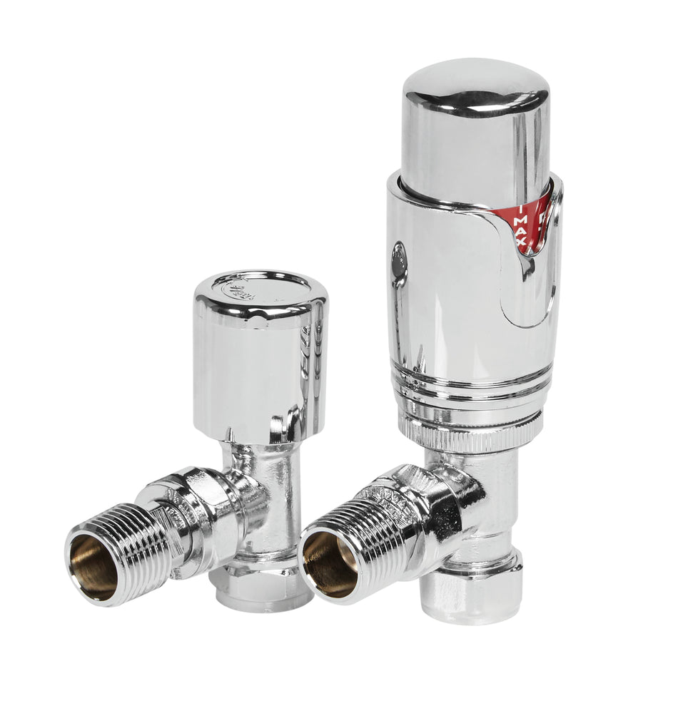Angled chrome thermostatic radiator valve with cylindrical head and union fittings