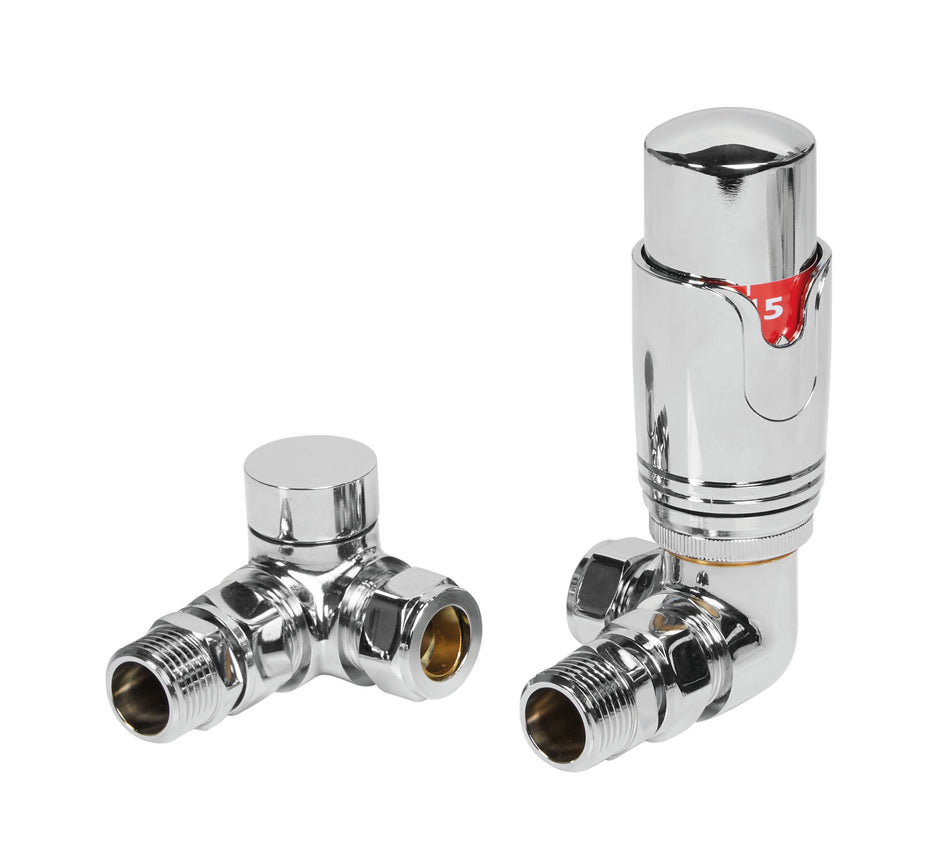 Chrome thermostatic radiator valve with angled inlet and outlet ports