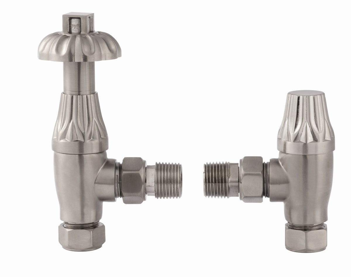 Satin nickel thermostatic radiator valve set with traditional metal heads and dual connectors