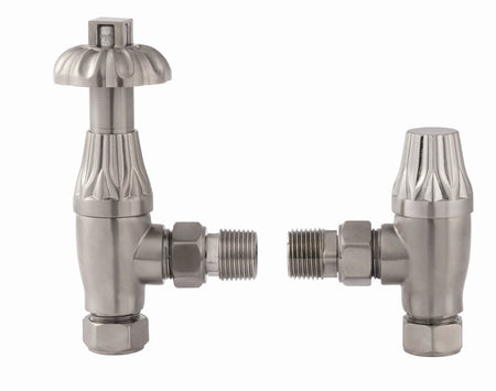 Satin nickel thermostatic radiator valve set with traditional metal heads and dual connectors