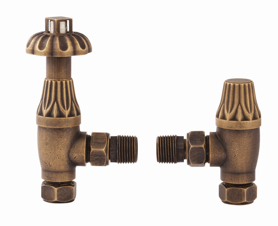 Antique brass thermostatic radiator valve pair with metal heads and threaded connections