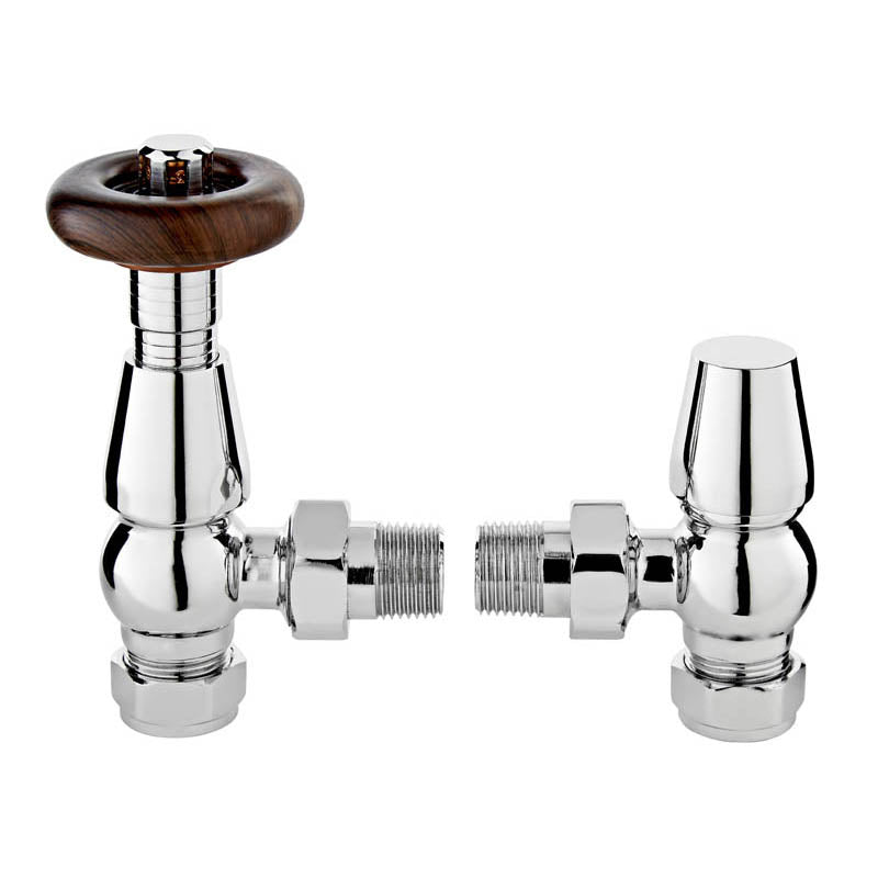 Chrome thermostatic radiator valve set with wooden-look control knobs