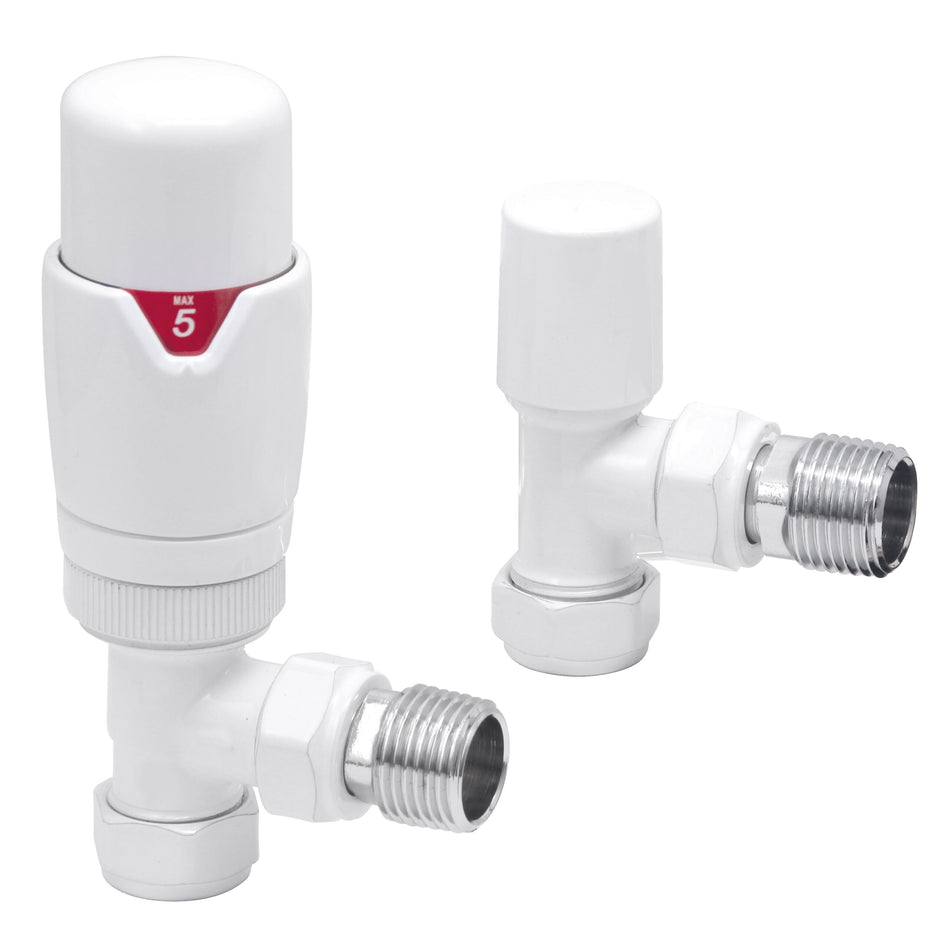 White thermostatic radiator valve set with angled bodies and pressure caps.