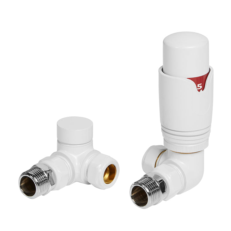 White thermostatic radiator valve with angle adapter and thermostatic head, metal inlet ports
