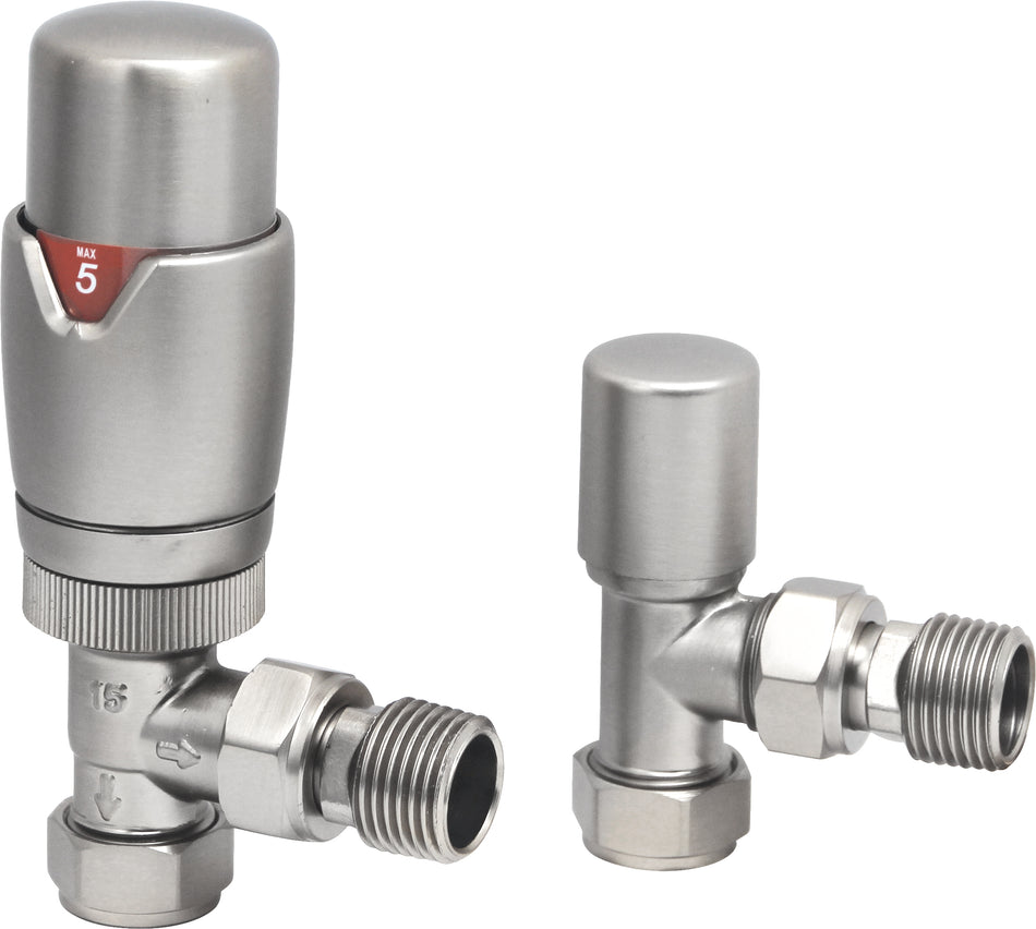 Brushed nickel thermostatic radiator valve set with angled bodies and threaded connections