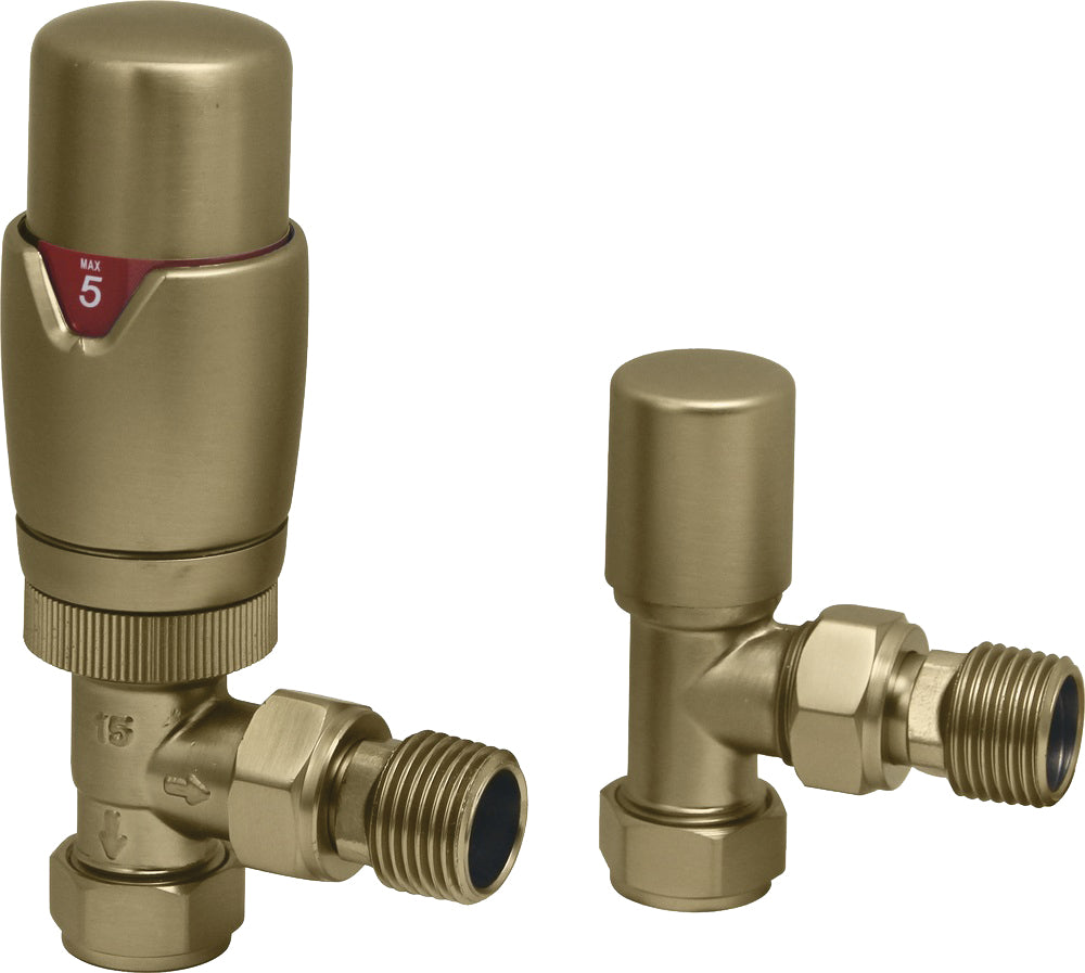 Brushed brass thermostatic radiator valve with angled lockshield side outlets