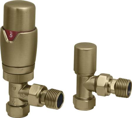 Brushed brass thermostatic radiator valve with angled lockshield side outlets