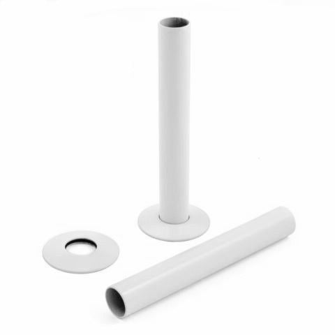White radiator pipe sleeve cover with mounting flange and side cover piece