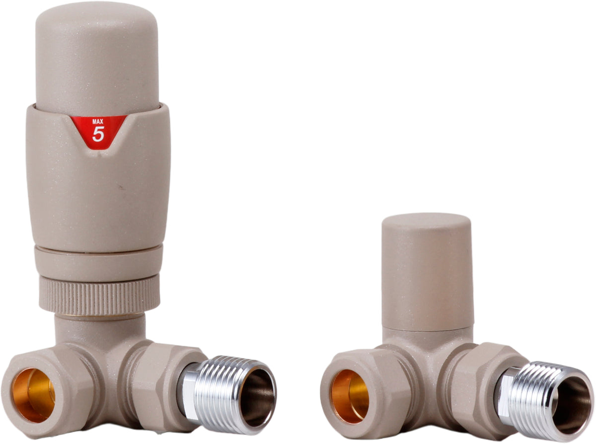 Cappuccino corner thermostatic radiator valve with lockshield and male thread outlets