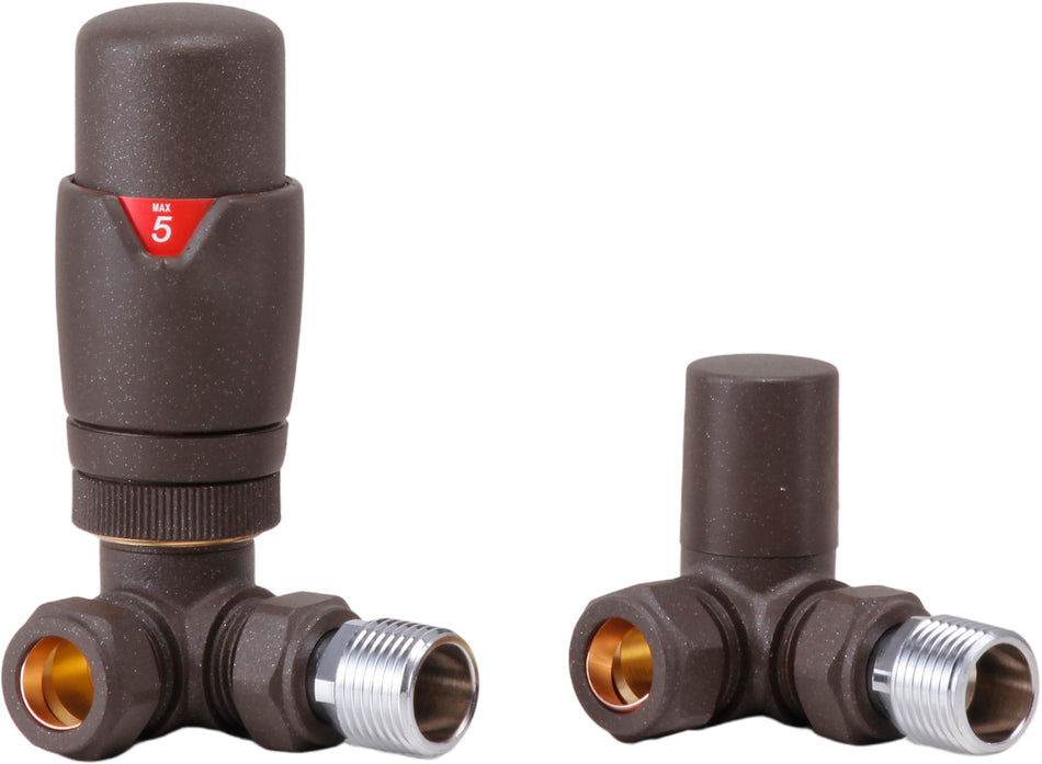 Mocha thermostatic radiator valve, angled 1/2-inch, with bronze ports and silver threads