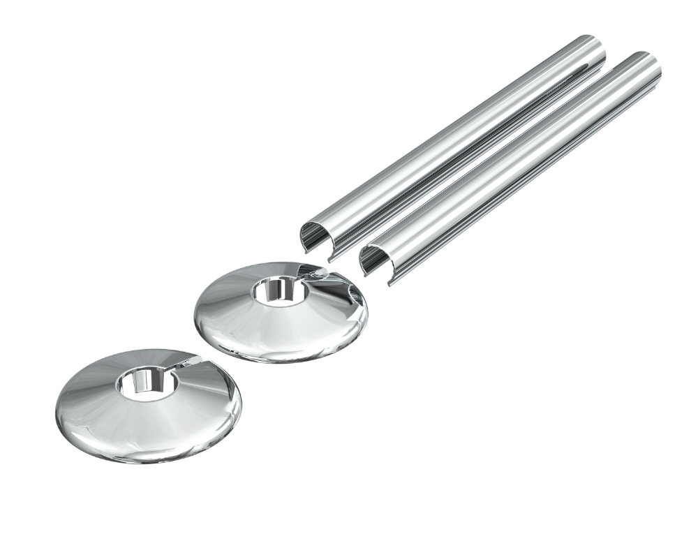 Chrome metal radiator pipe sleeves with collar discs, 2-pack, for 15mm pipes