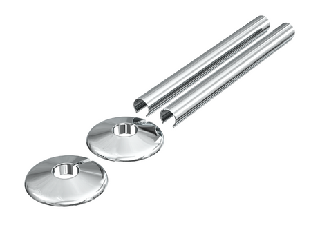 Chrome metal radiator pipe sleeves with collar discs, 2-pack, for 15mm pipes